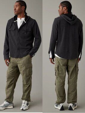 American Eagle Hooded Shirt Jacket Charcoal Gray